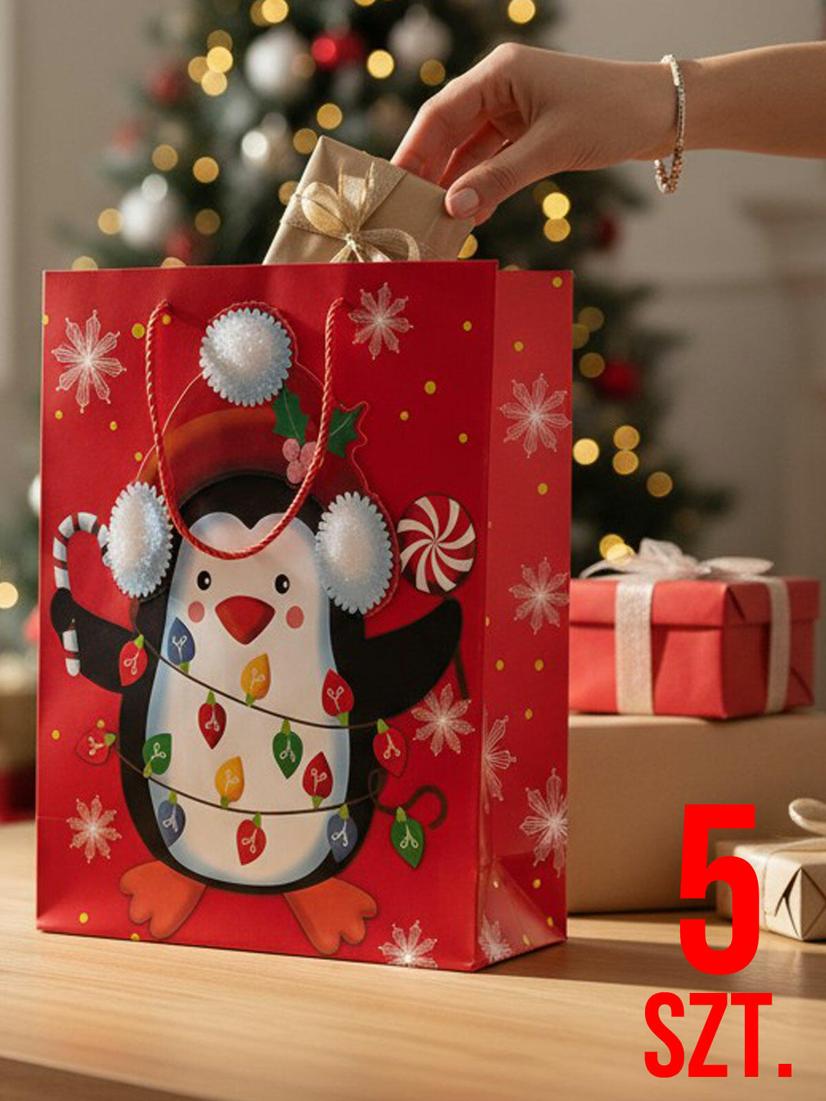 Torba prezentowa z pingwinem 5-pak czerwona
