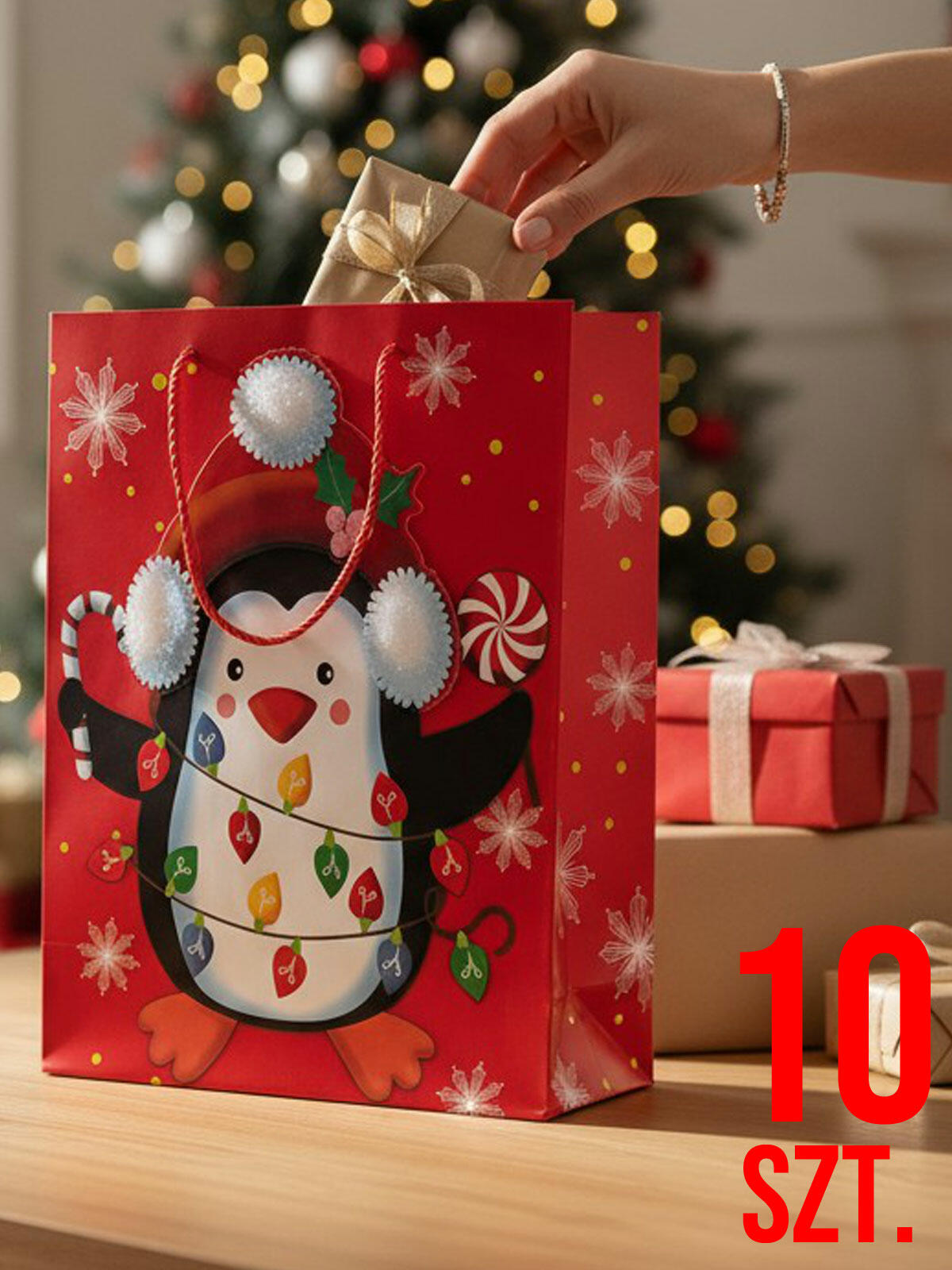 Torba prezentowa z pingwinem 10-pak czerwona
