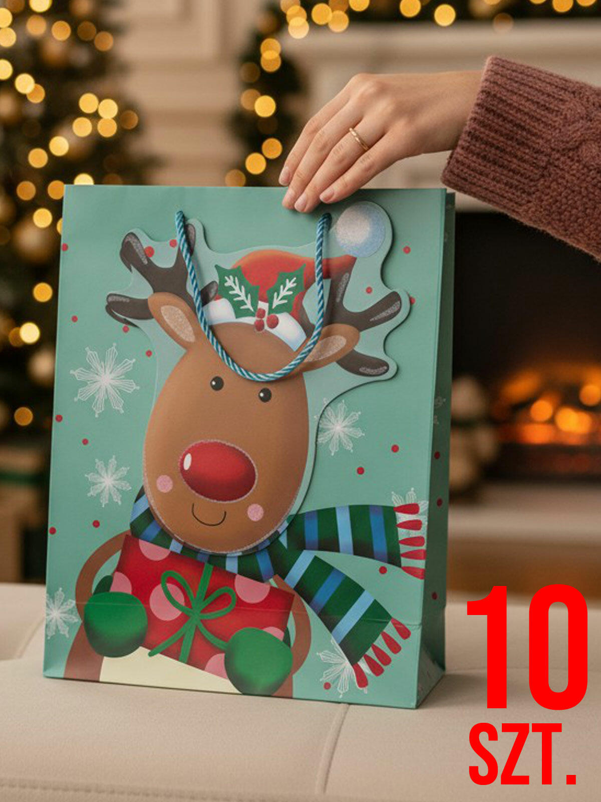 Torba prezentowa z reniferem 10-pak miętowa