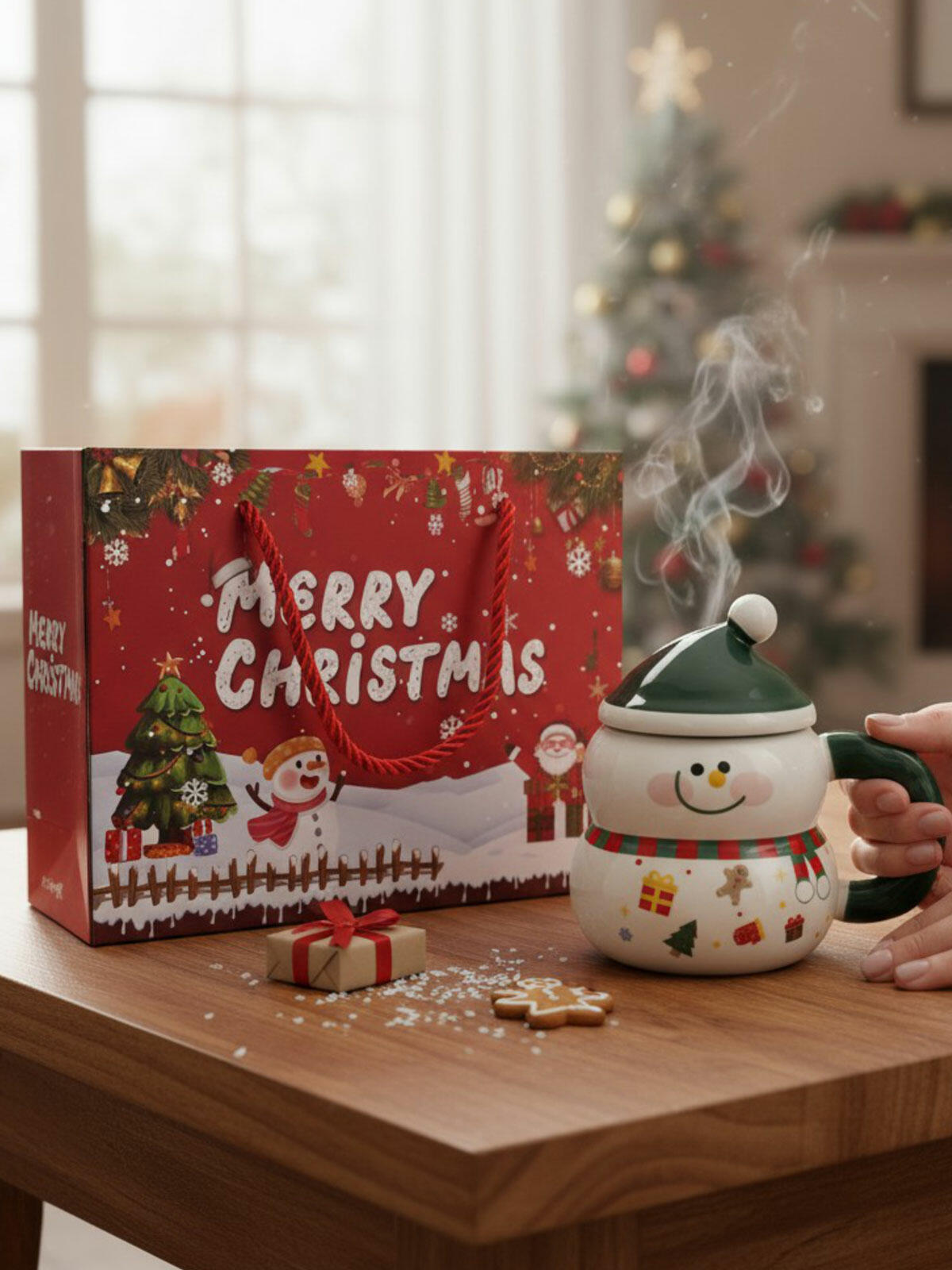 Świąteczny kubek z pokrywką i łyżeczką