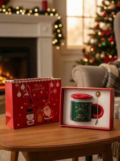 Kubek świąteczny z pokrywką i łyżeczką