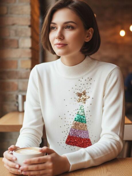 Sweter świąteczny z choinką cekinową