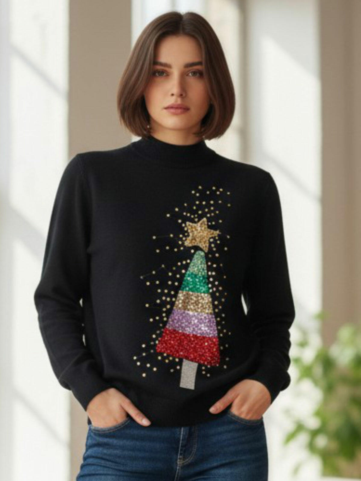Sweter świąteczny z choinką cekinową