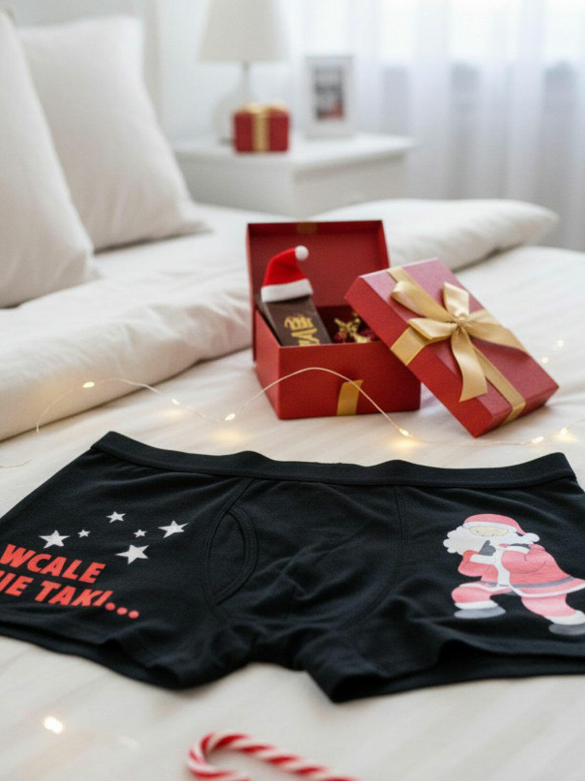 Świąteczne bokserki męskie z zabawnym napisem