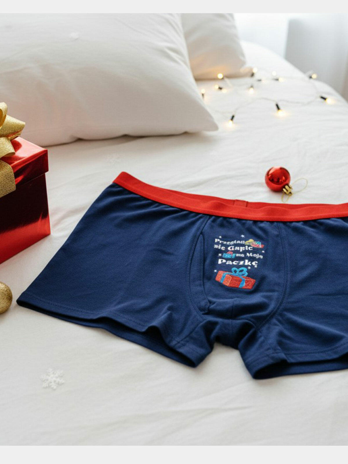 Świąteczne bokserki męskie z zabawnym napisem