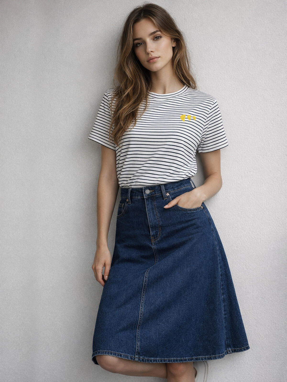 T-shirt w paski z haftem