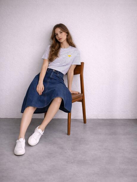 T-shirt w paski z haftem