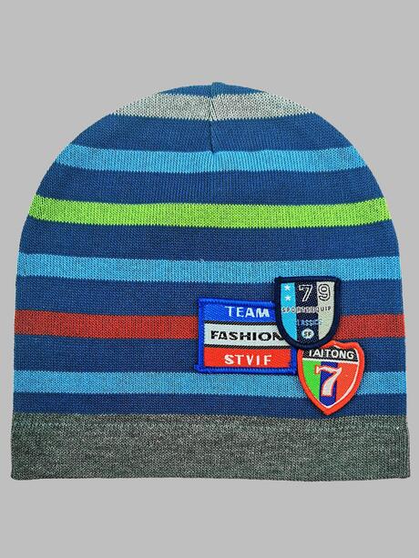 Czapka bawełniana w paski z naszywkami