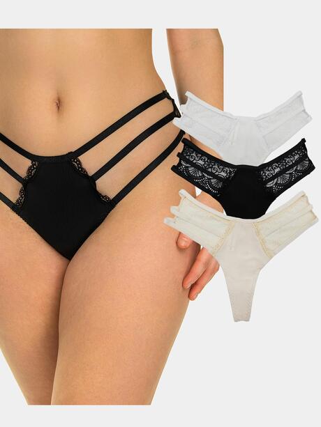 Stringi z ozdobnymi paskami 3-pak S