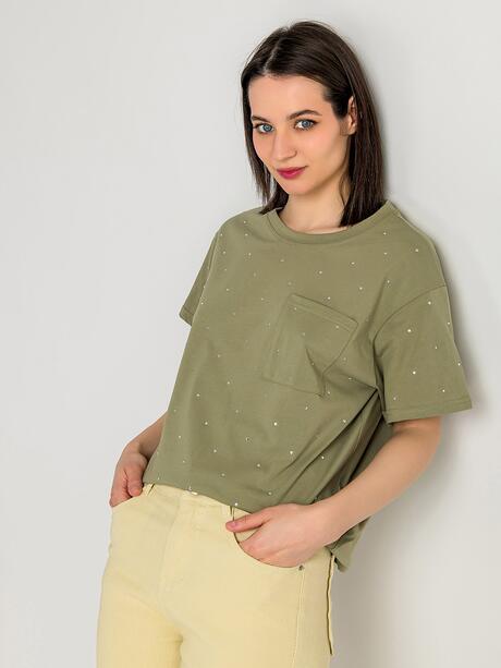 T-shirt khaki z kieszonką